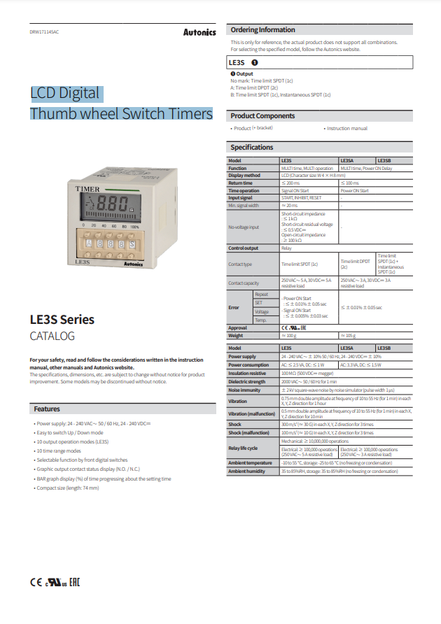 AUTONICS LE3S CATALOG LE3S SERIES: LCD DIGITAL THUMB WHEEL SWITCH TIMERS
